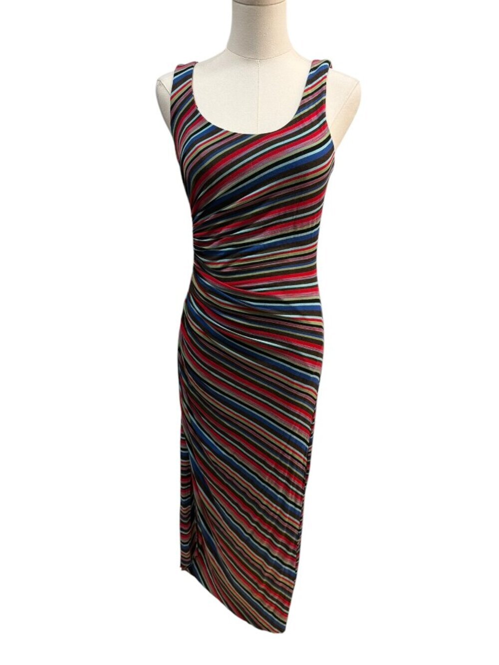EUC Bailey 44 Striped Ruched Asymmetrical Midi Dress XS Multicolor